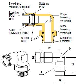 L-Verbinder Push-In, O.D. Schlauch 8mm, Außengewinde G 1/8