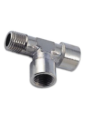 Pièce en T latéralement avec filetage métrique et BSPT, filetage extérieur 1x, filetage intérieur 2x