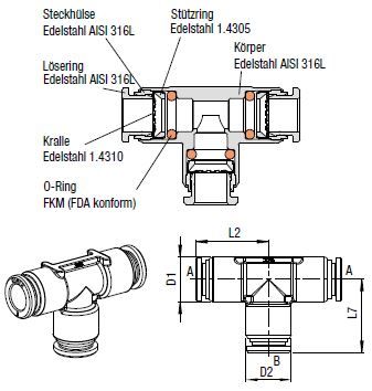 T-Verbinder Push-In, O.D. Schlauch 4,0 mm, O.D. Schlauch 4,0 mm