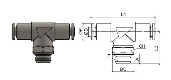 Schwenkbares männliches T-Verbinder mit BSPP , O.D. Schlauch 4 mm, Außengewinde G 1/8