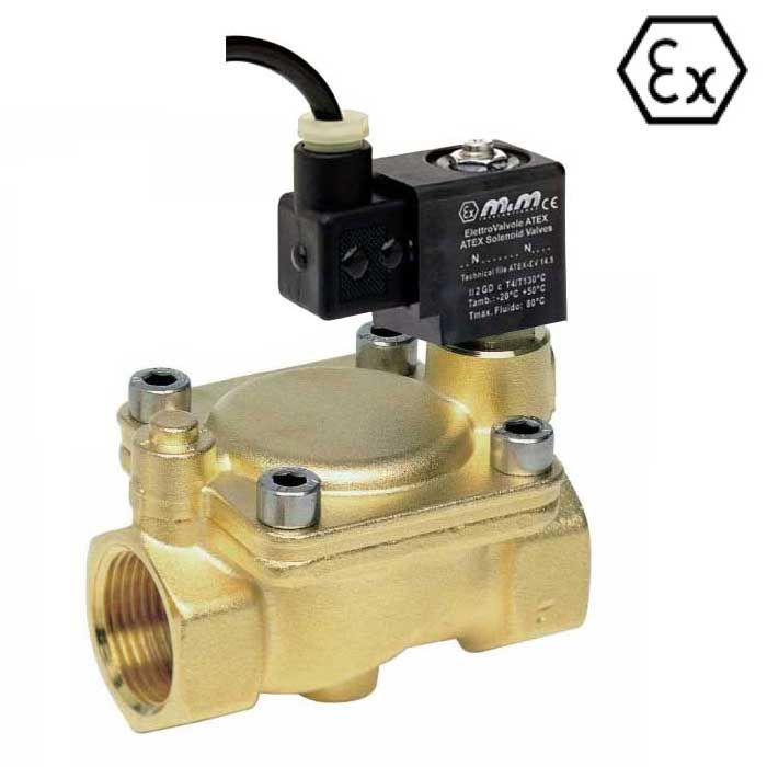 Électrovanne avec enveloppe antidéflagrante, ATEX EEX m II 2GD T4, 2/2 en laiton à commande assistée, NF, G 1/2, DN 13 mm, NBR, 230 V CA